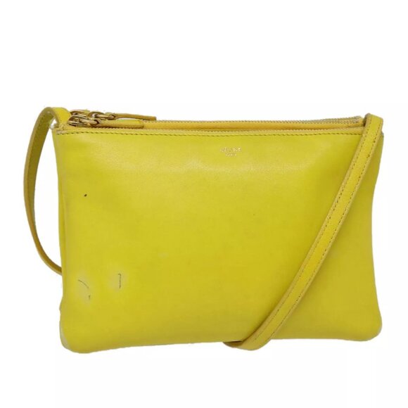 CELINE Trio Large Shoulder Bag Leather Yellow Gold Auth 88116 - Picture 1 of 16